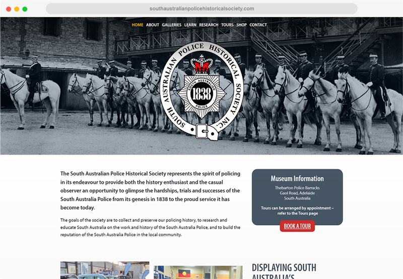 A screenshot of the SAPHS website, showing the homepage with a banner image of police horses