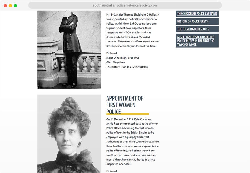 A screenshot of the SAPHS website showing the education page with entries on Alexander Tolmer and Fanny Cocks