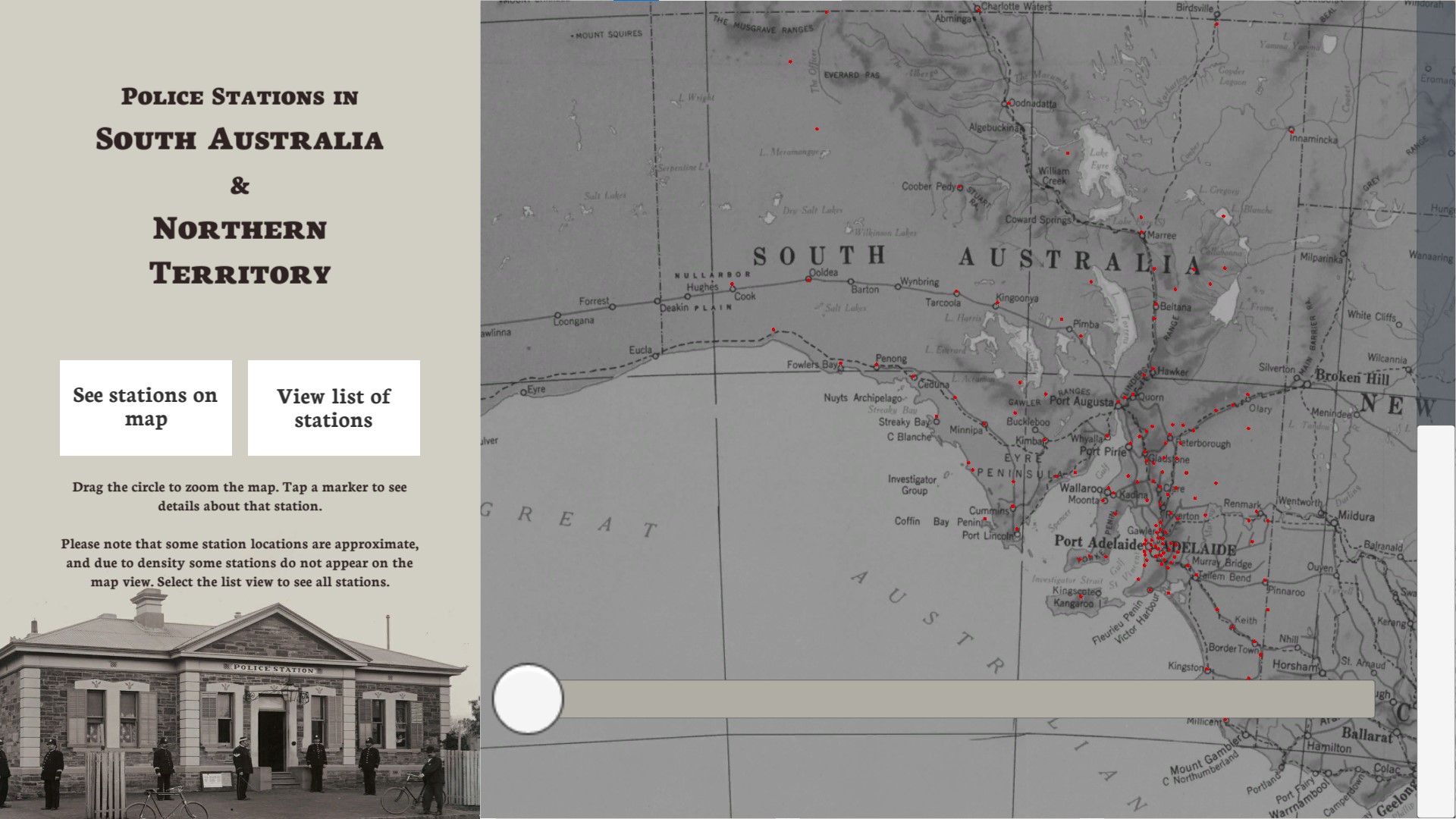 A screenshot of the station map museum kiosk, showing a map of South Australia with red pins to indicate police stations