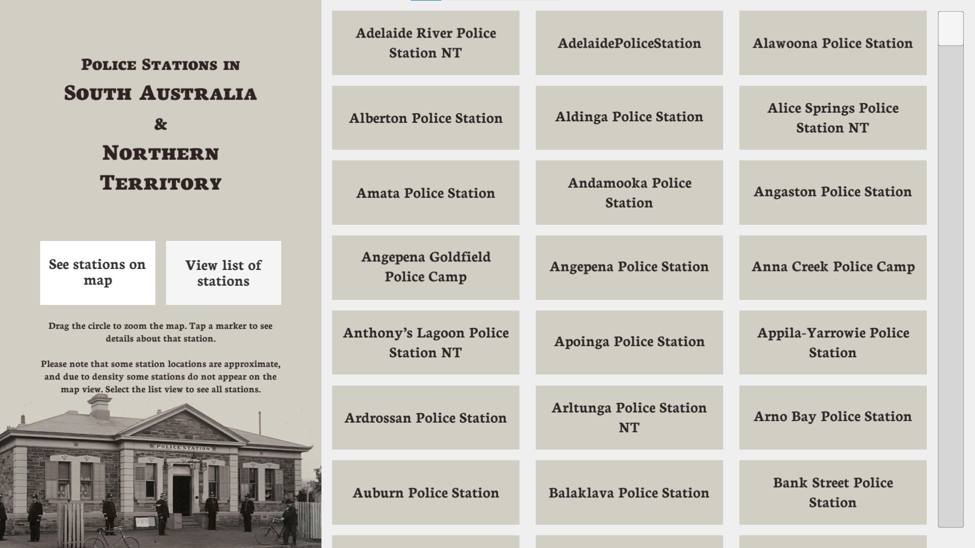 A screenshot of the station map museum kiosk, showing a list of police station names