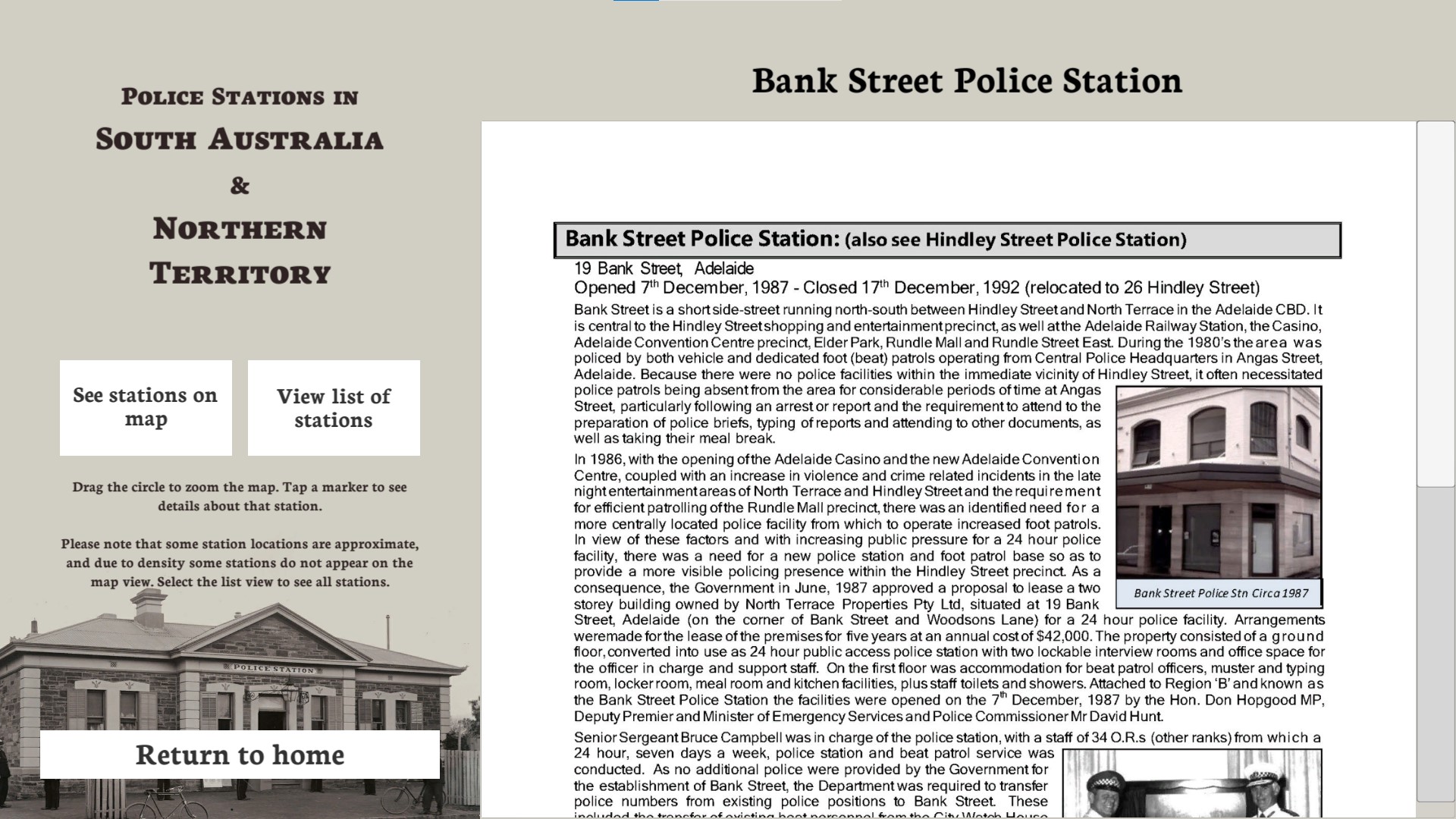 A screenshot of the station map museum kiosk, showing a text profile of Bank Street Police Station